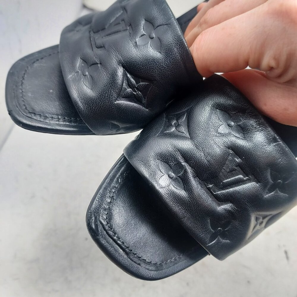LOUIS VUITTON LV Monogram Black Embossed Revival Heel Sandal - Picture 11 of 13
